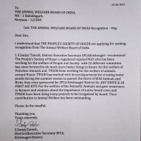 Recognition from Society For Prevention Of Cruelty To Animals, Krishnagiri.